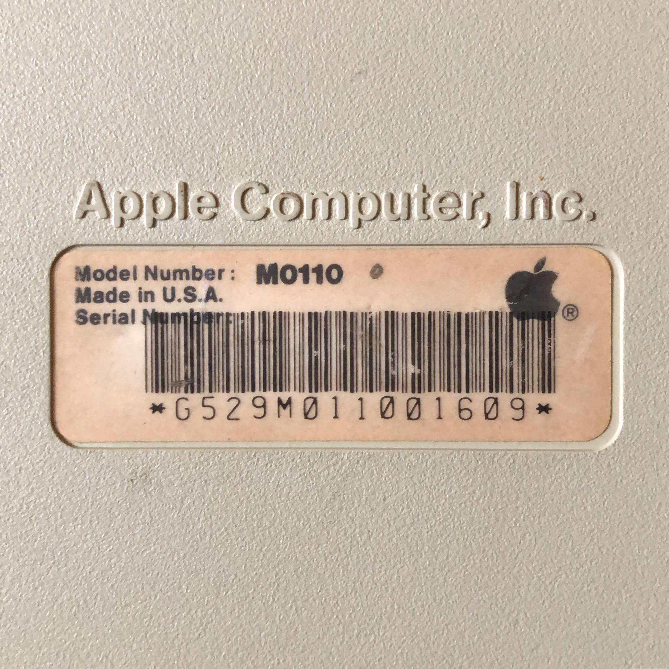Apple Computer Inc barcode on the original Macintosh keyboard