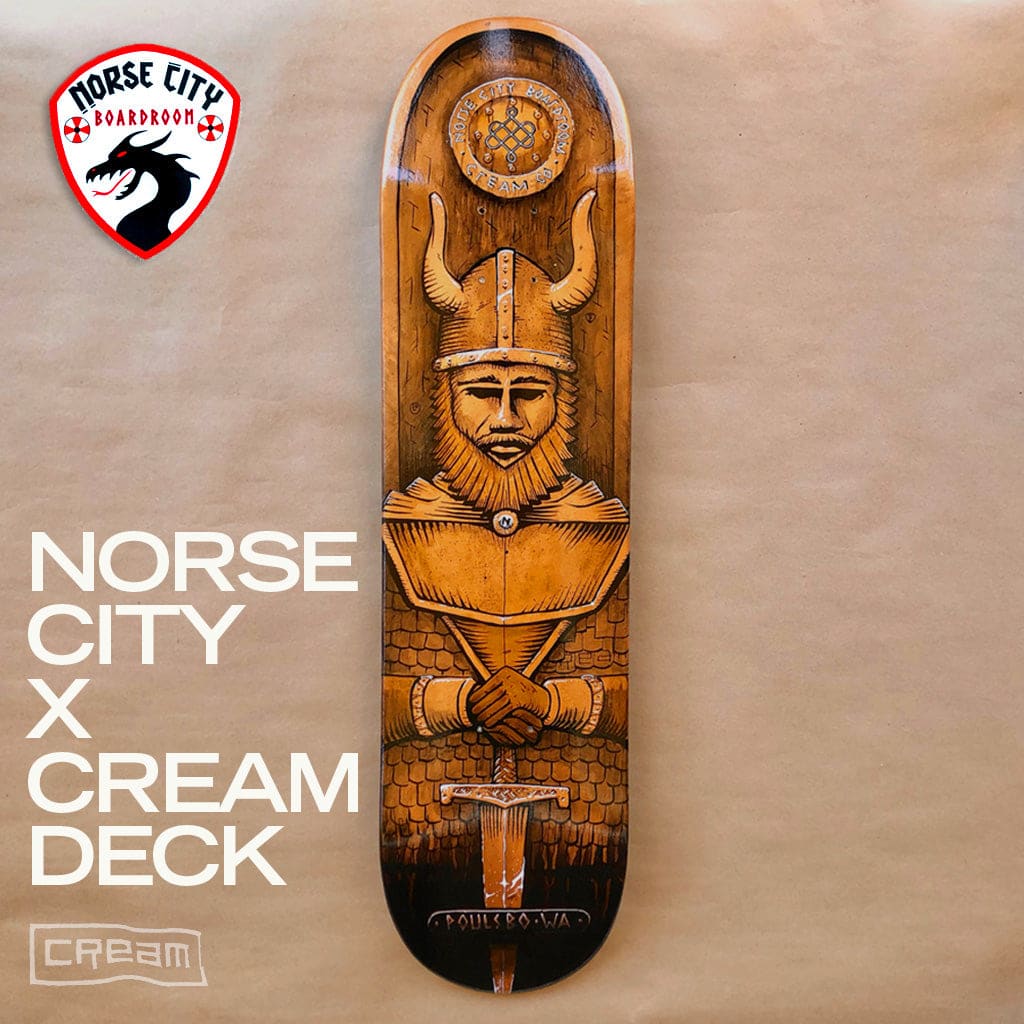 Norse City Boardroom x Cream Co Studio collaboration deck to promote the local skate park project in front of the Poulsbo, WA city council.